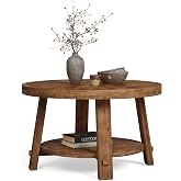 LITTLE TREE Solid Wood Coffee Table with Storage, 2-Tier Farmhouse Round Coffee Table for Living Room, Easy Assembly (Rustic Wood Color)