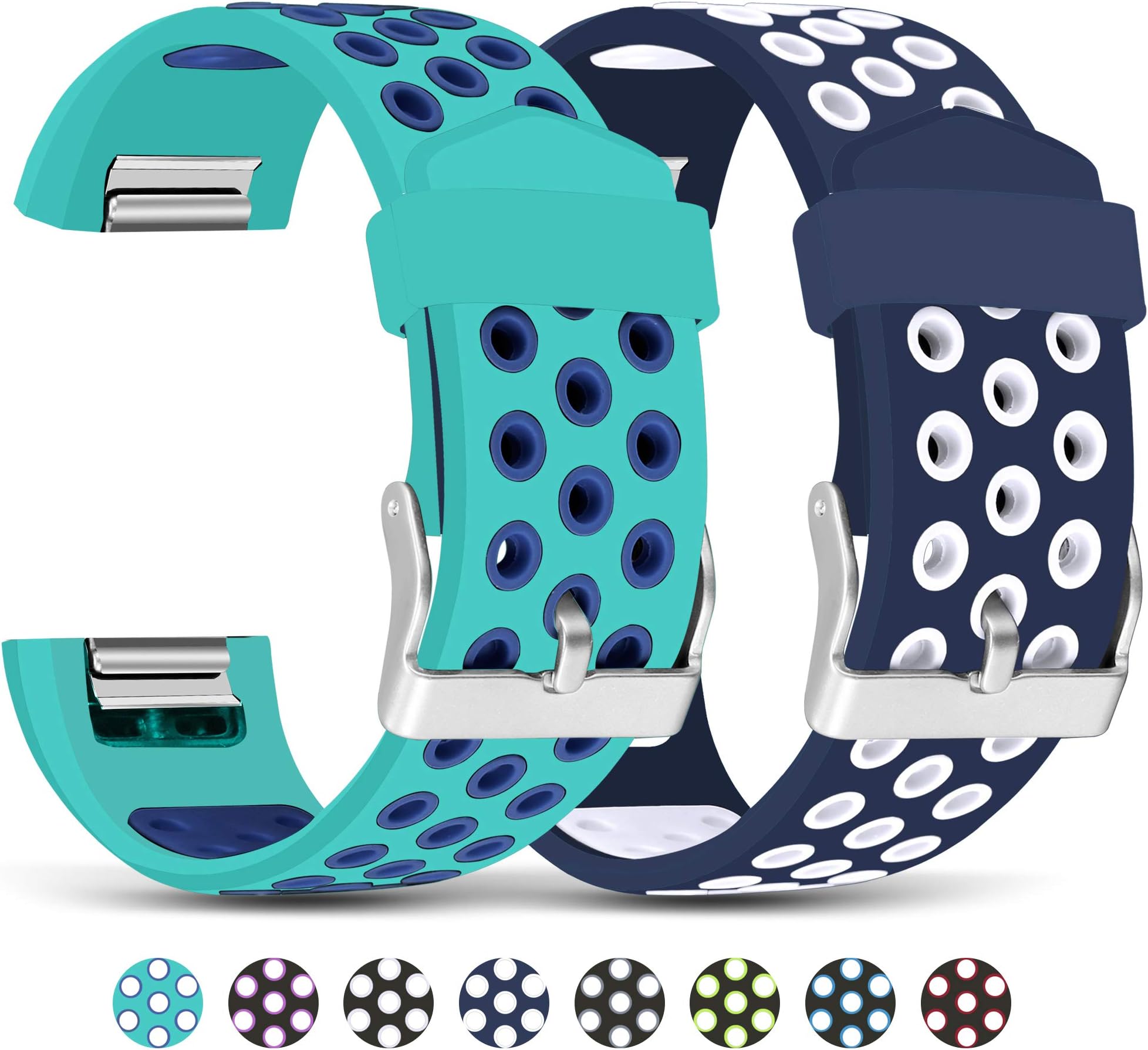 Mosstek Compatible with Fitbit Charge 2 Bands, 2 Pack Breathable Silicone Replacement Sport Bands with Air Holes Compatible Fitbit Charge 2 Smart Watch Fitness Men Women