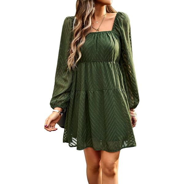 Women's Tie Back Square Neck Velvet Babydoll Dresses Puff Long Sleeve Short  Mini Dress (Brown, S) at Amazon Women's Clothing store