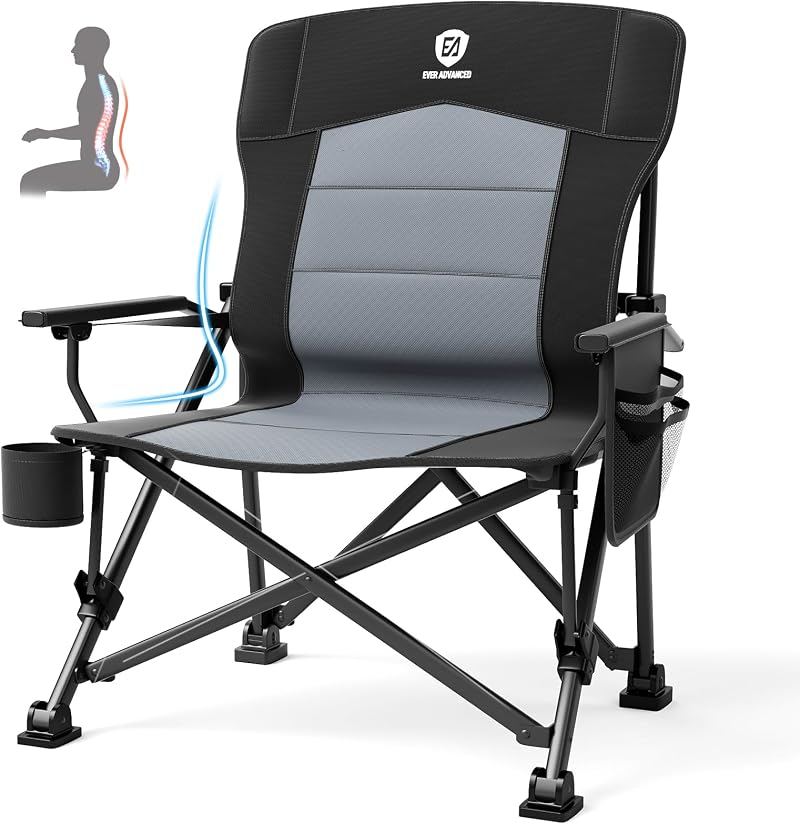 EVER ADVANCED Oversized Folding Camping Chair with Lumbar Support Black