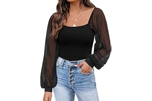 Jhsnjnr Womens Mesh Swiss Dot Puff Long Sleeve Shirt Casual Basic Ribbed Tshirt Tops Scoop Neck Blouses Summer