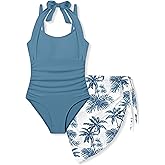 Tomolant Girls Swimsuit Halter Neck One Piece Bathing Suit with Tropical Printed Cover Up Skirt Girls' Swimwear Set 7-18Y