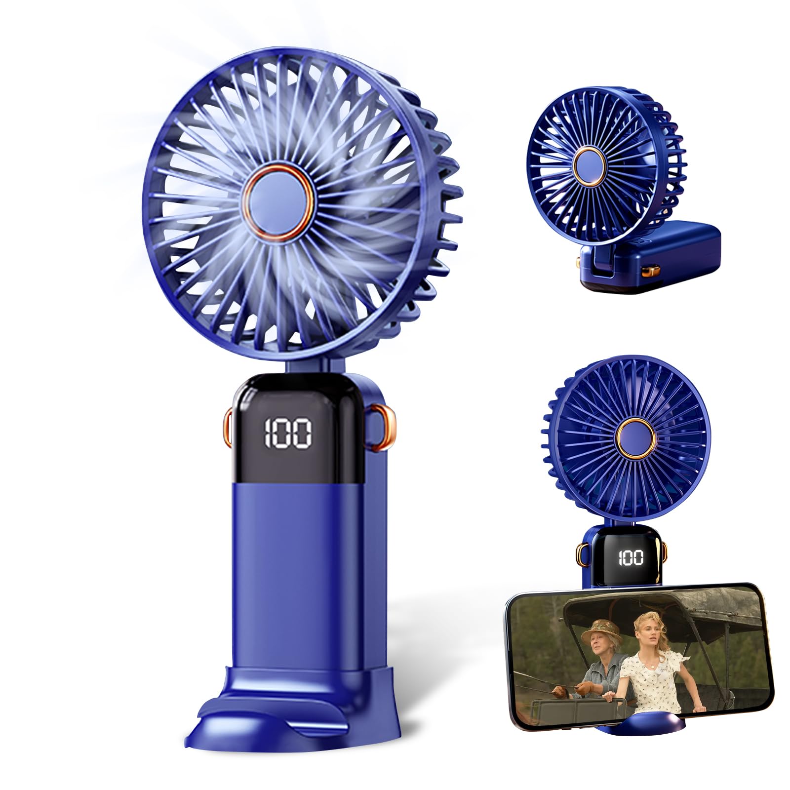 IGRARK Hand Held Fan Rechargeable, Portable Mini Handheld Fans with 5 Speed, Folding Desk Desktop Fans, USB Neck Fan for Travel Camping Home Office, Blue
