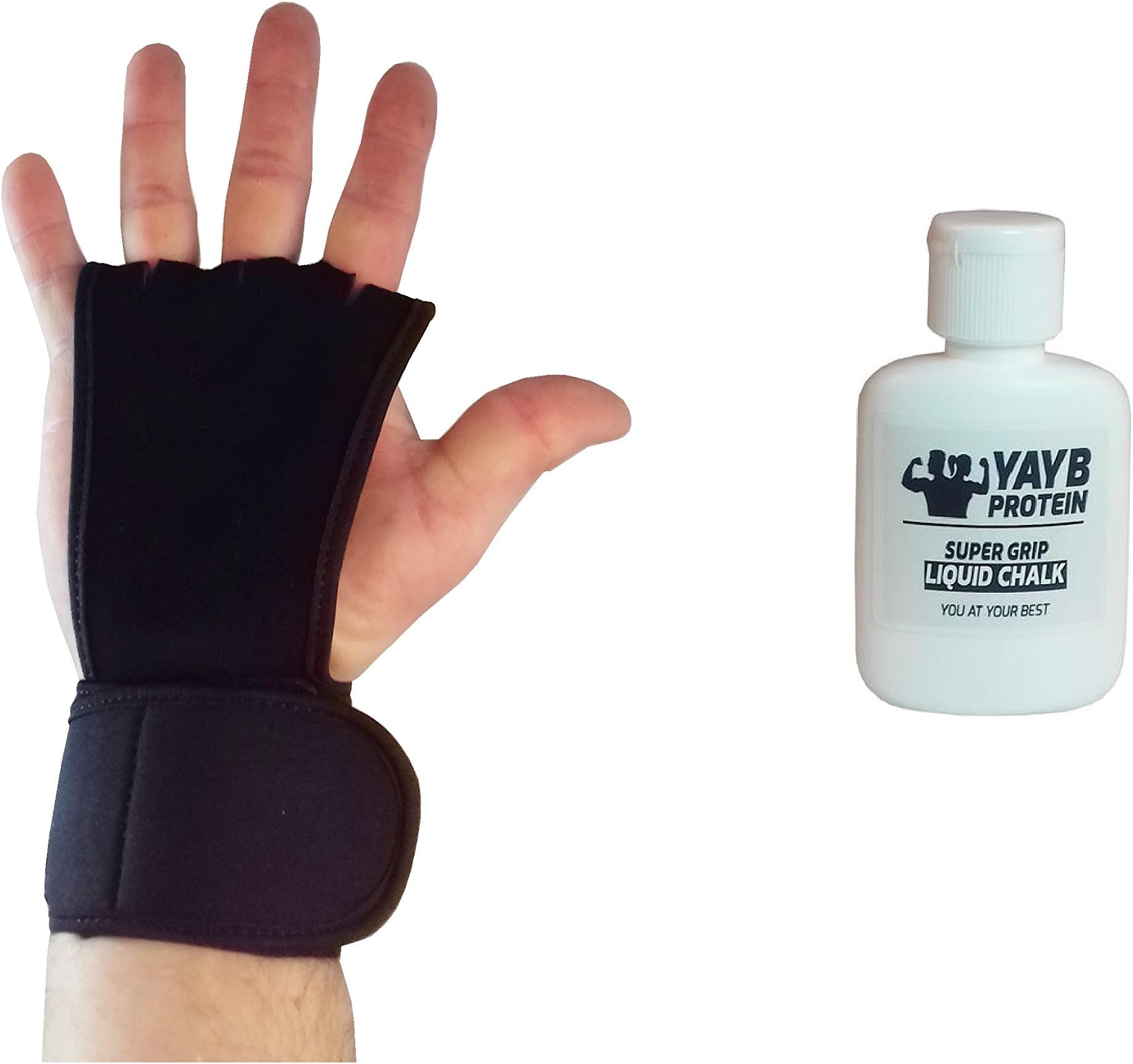 YAYB Protein Open Gloves (pair) +35ml liquid chalk Bundle - Fingerless Gloves For Gym - Gymnastics Grips - Protect Your Hands From Rips and Tears