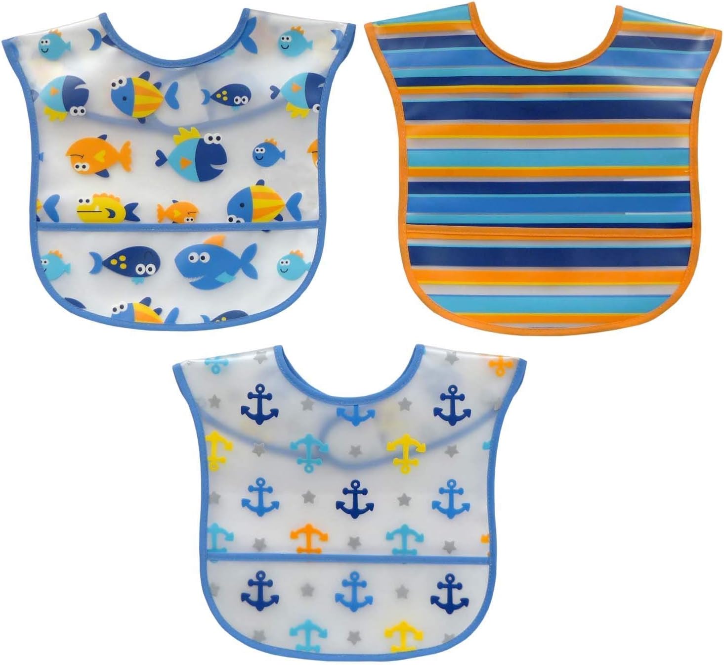 Koala Baby Water Resistant PEVA 2 Layer Printed Translucent EZ Wipe Toddler Bib with Crumbcatcher - Fish & Anchors - Blue/Orange/Yellow - 3 Pack