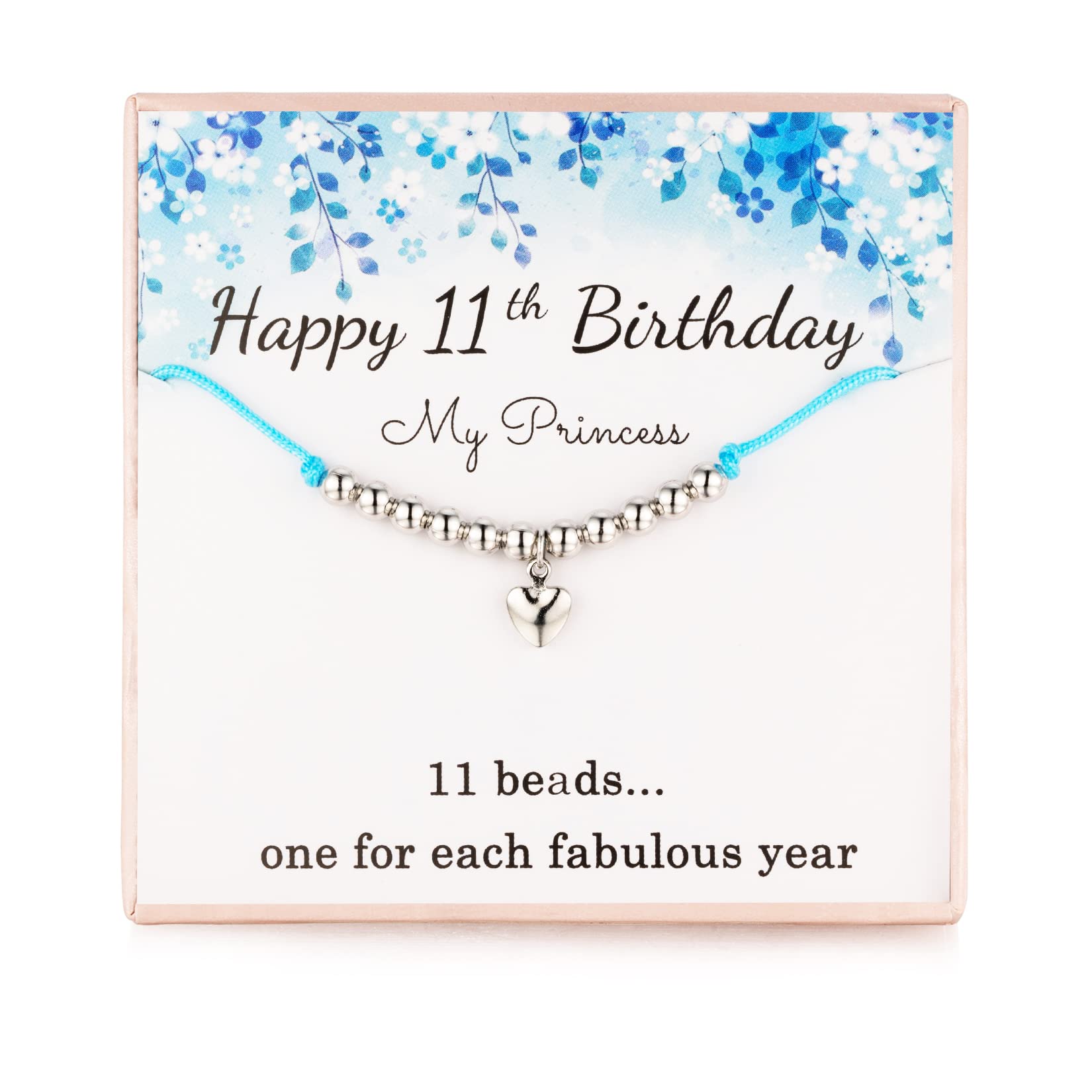 11th Birthday Gifts for Girls, Silver Beads Bracelet, 11 Beads for 11 Year Old Girl, Little Silver Heart Pendant Hand Woven Bracelet, Jewellery Gift Idea
