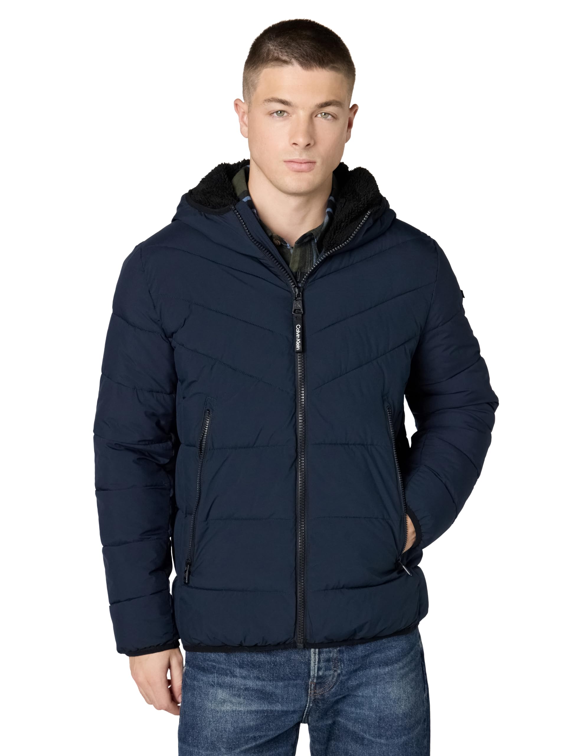 Calvin Klein Men's Winter Coat - Puffer Stretch Jacket With Sherpa Hood, True Navy, X-Large Image