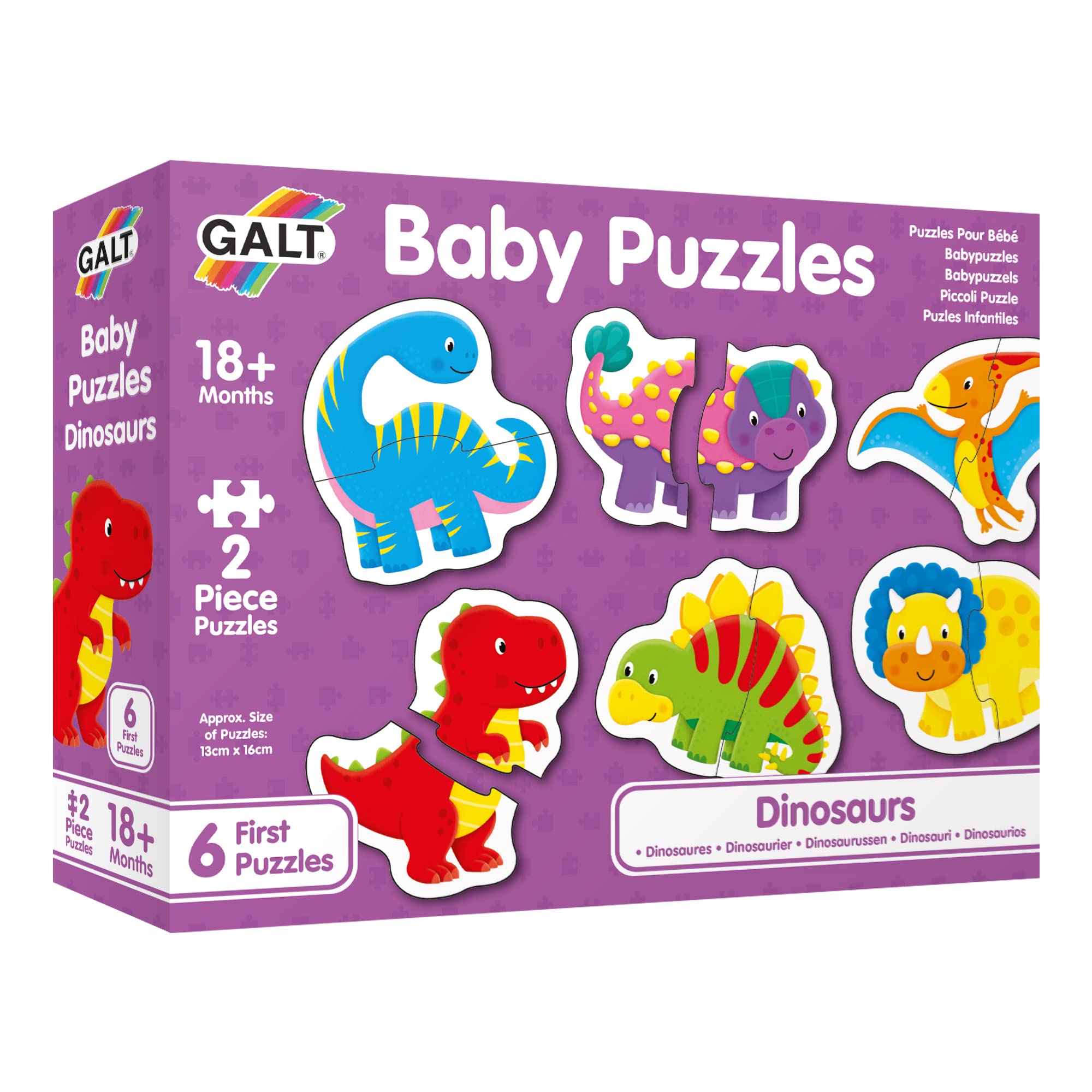 Galt, Baby Puzzles - Dinosaurs, Jigsaw Puzzles for Kids, 6 x 2 Piece puzzles, Ages 18 months Plus