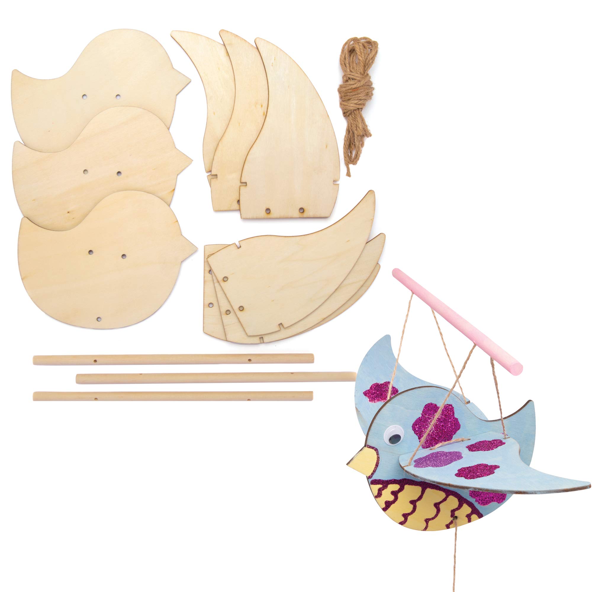 Baker Ross AT557 Bird Wooden Flying Puppet Kits - Pack of 3, Story Telling, Woodcraft Painting for Kids, Great for Art Parties, Schools and Festive Crafting Activities