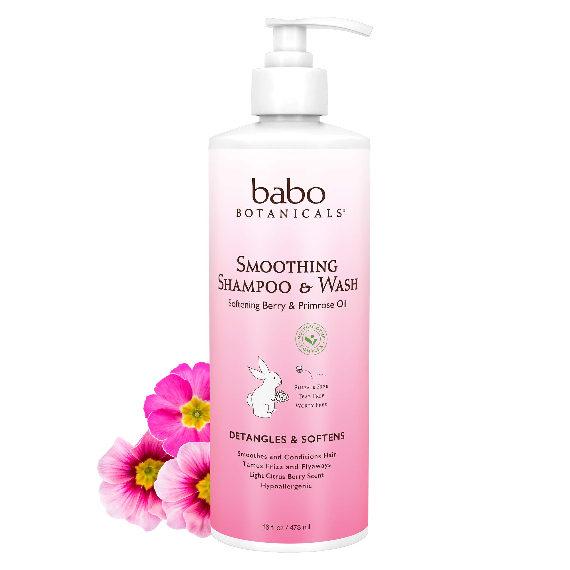 Babo Botanicals Smoothing 2-in-1 Shampoo & Wash with Natural Berry and Evening Primrose oil, Hypoallergenic, Vegan, For Babies and Kids, Berry Primrose, 16 Fl Oz