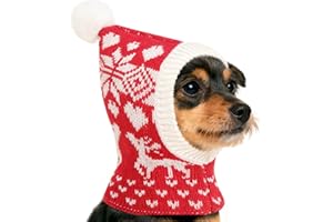 Pawaboo Christmas Pet Hat for Dogs, Funny Knitted Xmas Cap with Pom-Pom, Crocheted Snood Winter Warm Ear Flap Hat, Neck Warmer Hood Scarf for Medium Dogs, Party Decoration Gift, XS, Xmas Elk Red