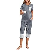 Namatime Womens Cotton Pajama Set Stripe 2 Piece Lounge Set Short Sleeve Capri Pj Set Comfy Loungewear Sleepwear with Pockets