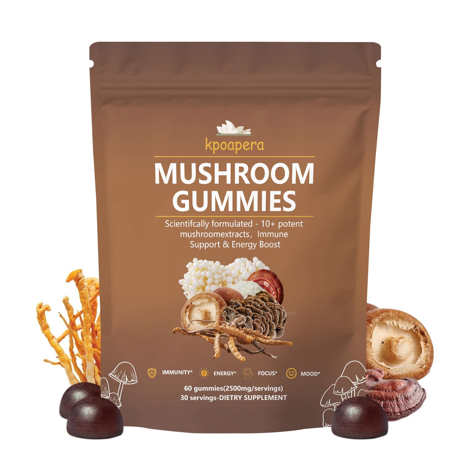 Photo 1 of **BB 4/21/2027**KPOAPERA Lions Mane Mushroom Gummies for Adults, All-in-One Daily Mushroom Supplement Gummy - 12 Mushroom Blend with Chaga, Lions Mane, Reishi, Cordyceps,?60 Chews 2500mg/serving? Vegan.