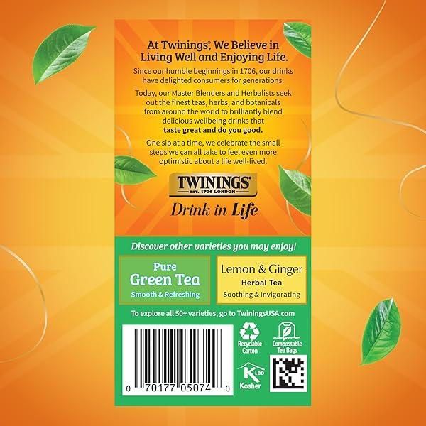 TWININGS GREEN TEA WITH JASMINE INDIVIDUALLY WRAPPED BAGS, 20 COUNT (PACK OF 6), FRAGRANT FLORAL SCENT, CAFFEINATED, ENJOY HOT OR ICED, 120 TEABAGS