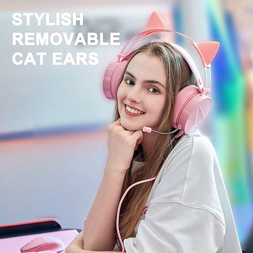 Pink Gaming Headset with Microphone, Cat Ear Headphones with 50mm
