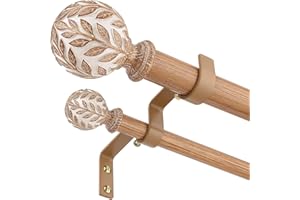 WOLISTSA Double Curtain Rod 84 to 120 Inch, Boho Wood Long Dual Curtain Rods for Windows, 1" Adjustable Heavy Duty Rustic Spliced Drapery Rods with Decorative Handmade White Wood Grain Leaf Finials