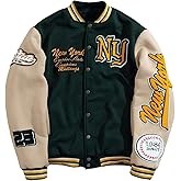 SOLY HUX Men's Letter Graphic Varsity Jacket Long Sleeve Button Up Patched Baseball Jacket Streetwear