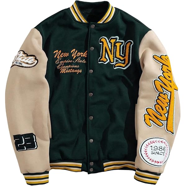 GORGLITTER Men's Letter Graphic Varsity Jacket Long Sleeve Striped