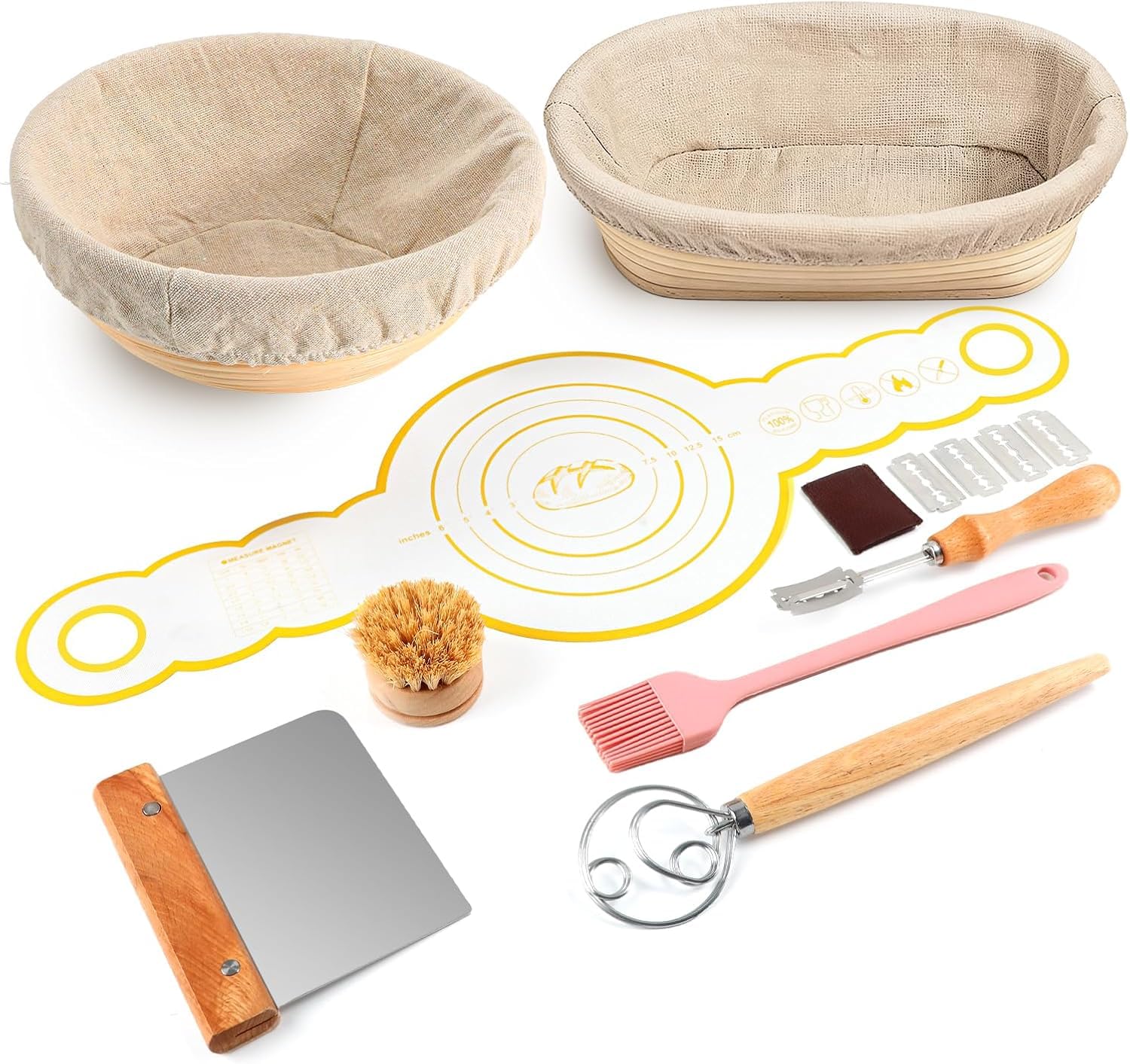 DOYOLLA 1pcs Oval Shaped 10" Banneton Brotform Bread Dough Proofing Rising Rattan Basket & Liner Combo