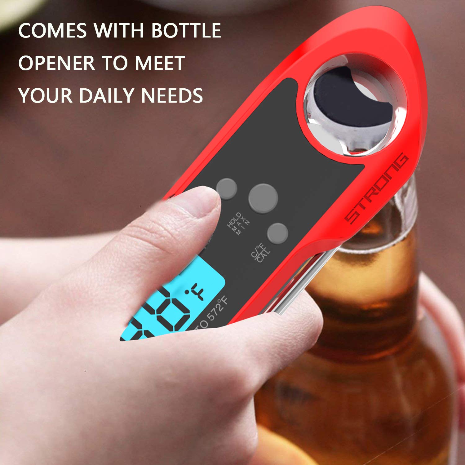 Meat Thermometer, Instant Read Thermometer with Foldable Probe and Bottle Opener, with One Extra Battery