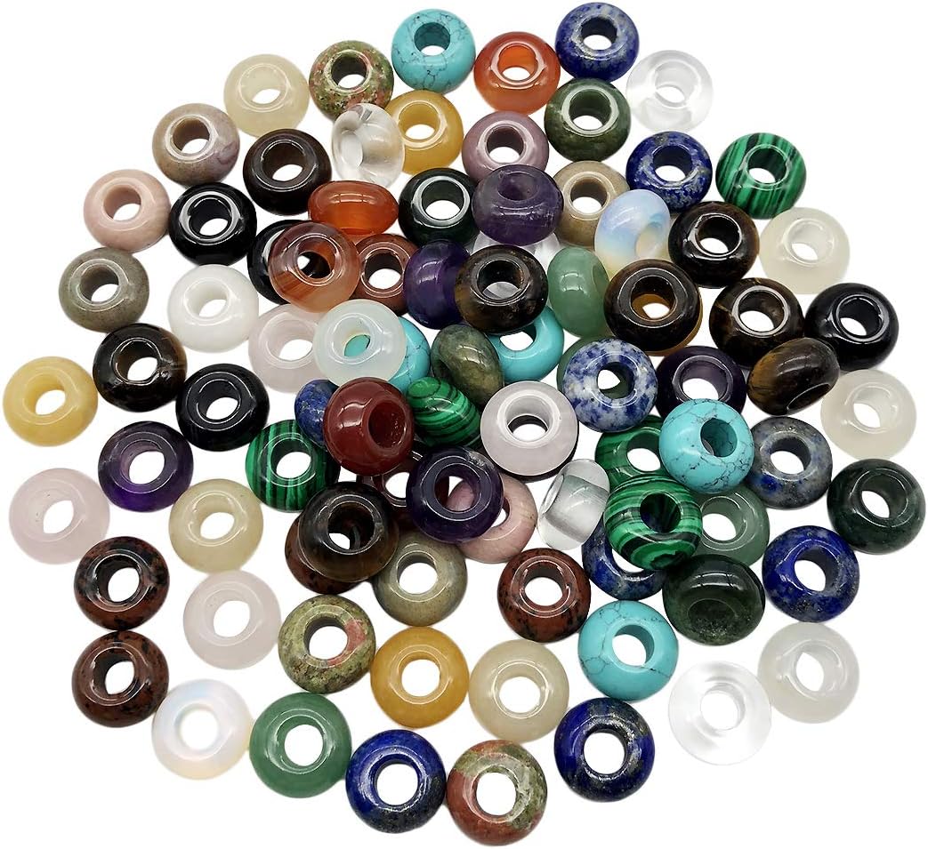 favoramulet 25Pcs Large Hole (5-6mm) Rondelle Gemstone European Bead for Charm Bracelet, Jewelry Making, Mixed Stone