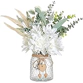 Faux Flowers with Vase,Artificial Silk Flowers in Vase, Fake Plant Eucalyptus and Willow,Flower Arrangement for Home Farmhouse kitchen Dining Table Centerpiece Decorations Coffee Table Decor (White)