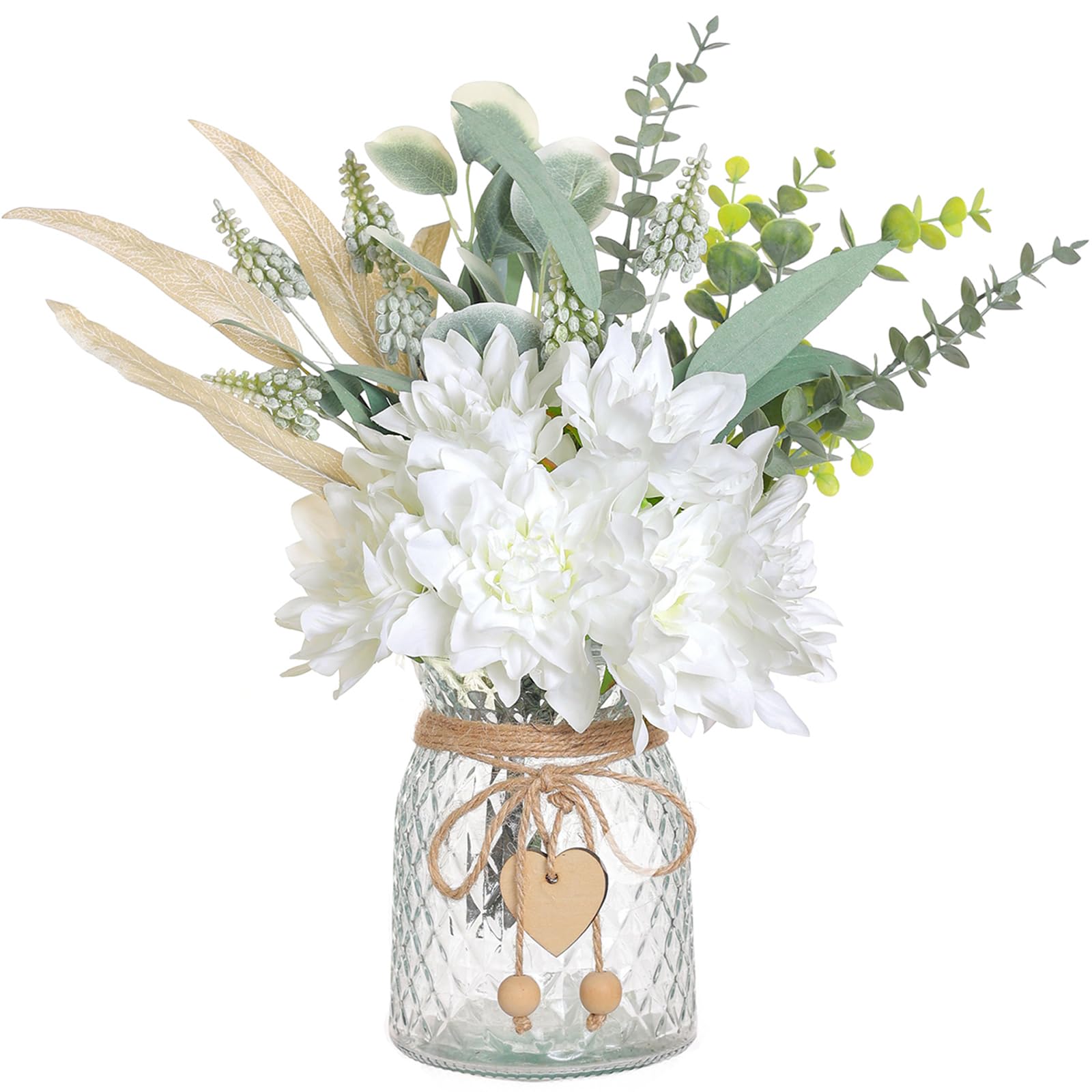 Photo 1 of Faux Flowers with Vase,Artificial Silk Flowers in Vase, Fake Plant Eucalyptus and Willow,Flower Arrangement for Home Farmhouse kitchen Dining Table Centerpiece Decorations Coffee Table Decor (White)