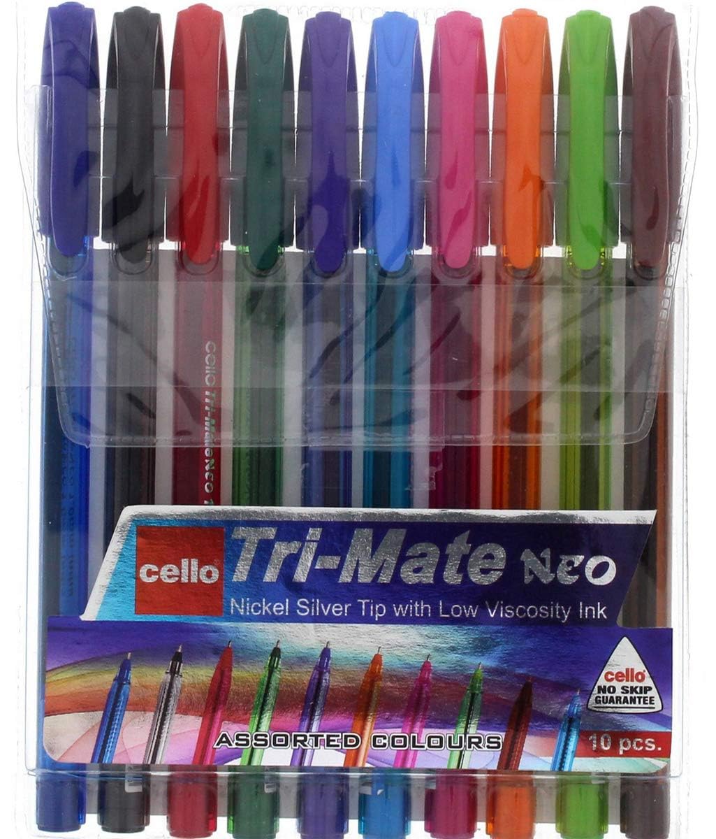 Cello Original Tri-Mate Triangular Barrel Ballpoint Pen Medium Point Biro (1.0mm) (Assorted, Pack of 10)