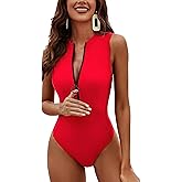 Charmo One Piece Swimsuit Women Zipper Bathing Suit Mock High Neck Full Coverage Racerback Rash Guard Swimwear 80s 90s