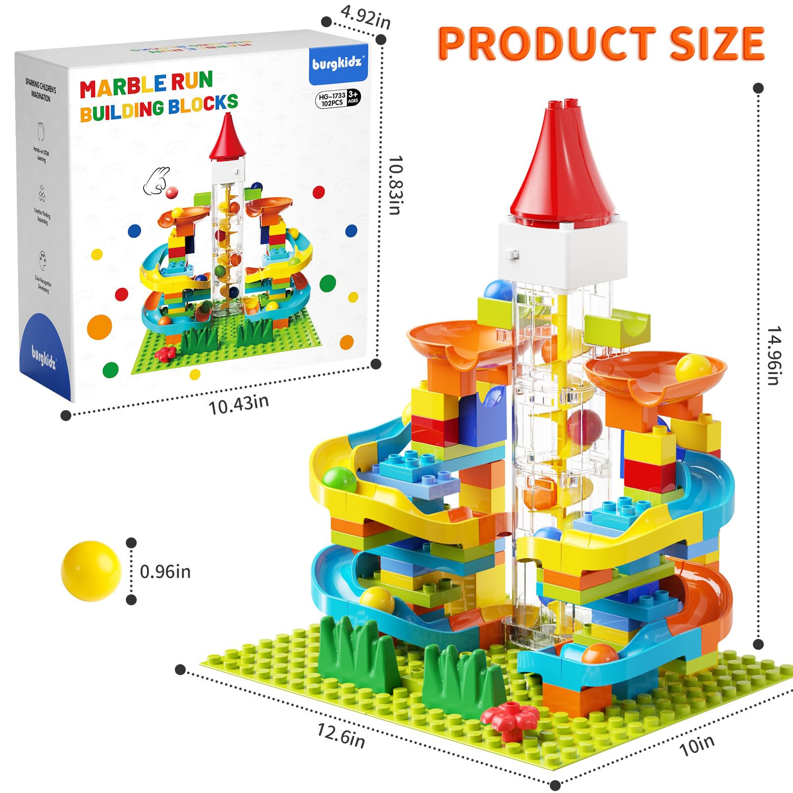 Electric Marble Run with Automatic Elevator Lift - STEM Building Toy for Kids Ages 4-8, 102 PCS Construction Set with 10 Marbles & Transparent Track, Compatible with Standard Building Blocks