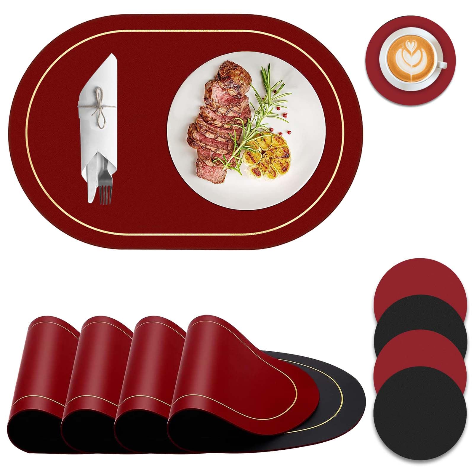 Placemats, PU Leather Place Mats and Coasters Set of 4, Dual Color Sided Heat Resistant Table Mats Non-slip Washable Wipeable Kitchen Place Mat Large for Home Indoor Outdoor Dining45x 30cm(Black Red)