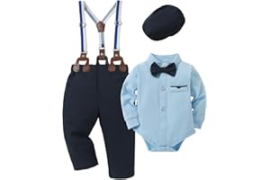 SOLOYEE Baby Boy Clothes Suits 0-24M Infant Gentleman Outfit Long Sleeve Dress Shirt+Suspender Pants+Bowtie+Beret Wedding Set