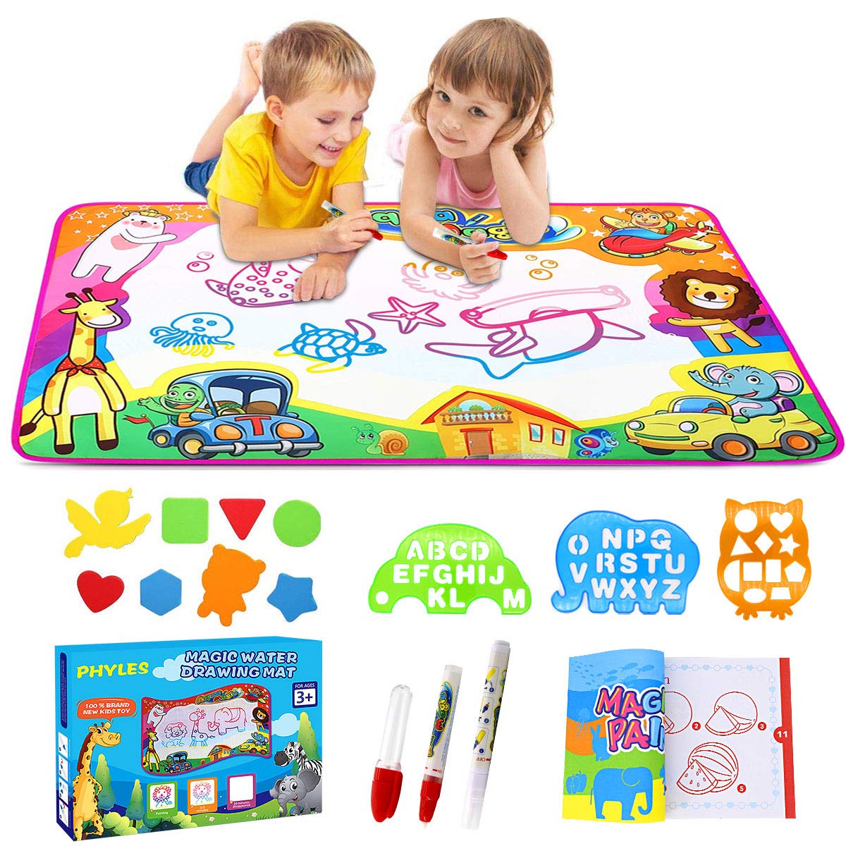 PHYLES Water Drawing Mat, Super Rainbow Deluxe Water Magic Mat, No Mess Colouring & Drawing Game, Birthday Gifts & Educational Toys For 3 4 5 6 Year Old Boys Girls Toddlers, 87X57cm Saving Space