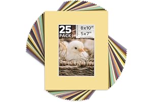 MBC MAT BOARD CENTER Mat Board Center, Pack of 25, 8x10 for 5x7 Mixed Color Mats - Acid Free, 4-ply Thickness, White Core - for Pictures, Photos, Framing