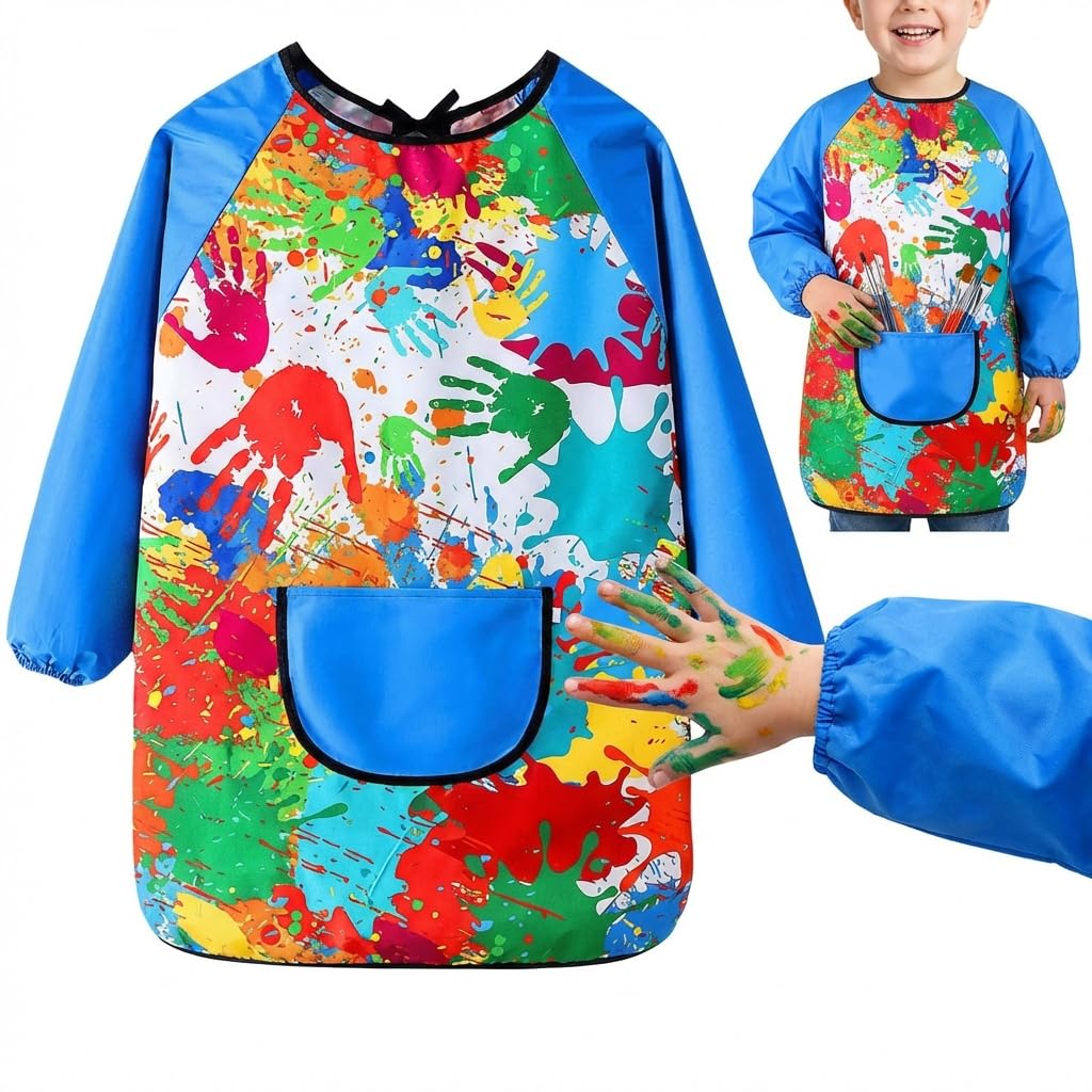 Kids Painting Apron for Age 6-12 Years, Waterproof Art Smock with Long Sleeves and Pockets, Children's Painting Coverall for School, Craft, Cooking and DIY Graffiti, Fits Height 120-140cm (Blue)