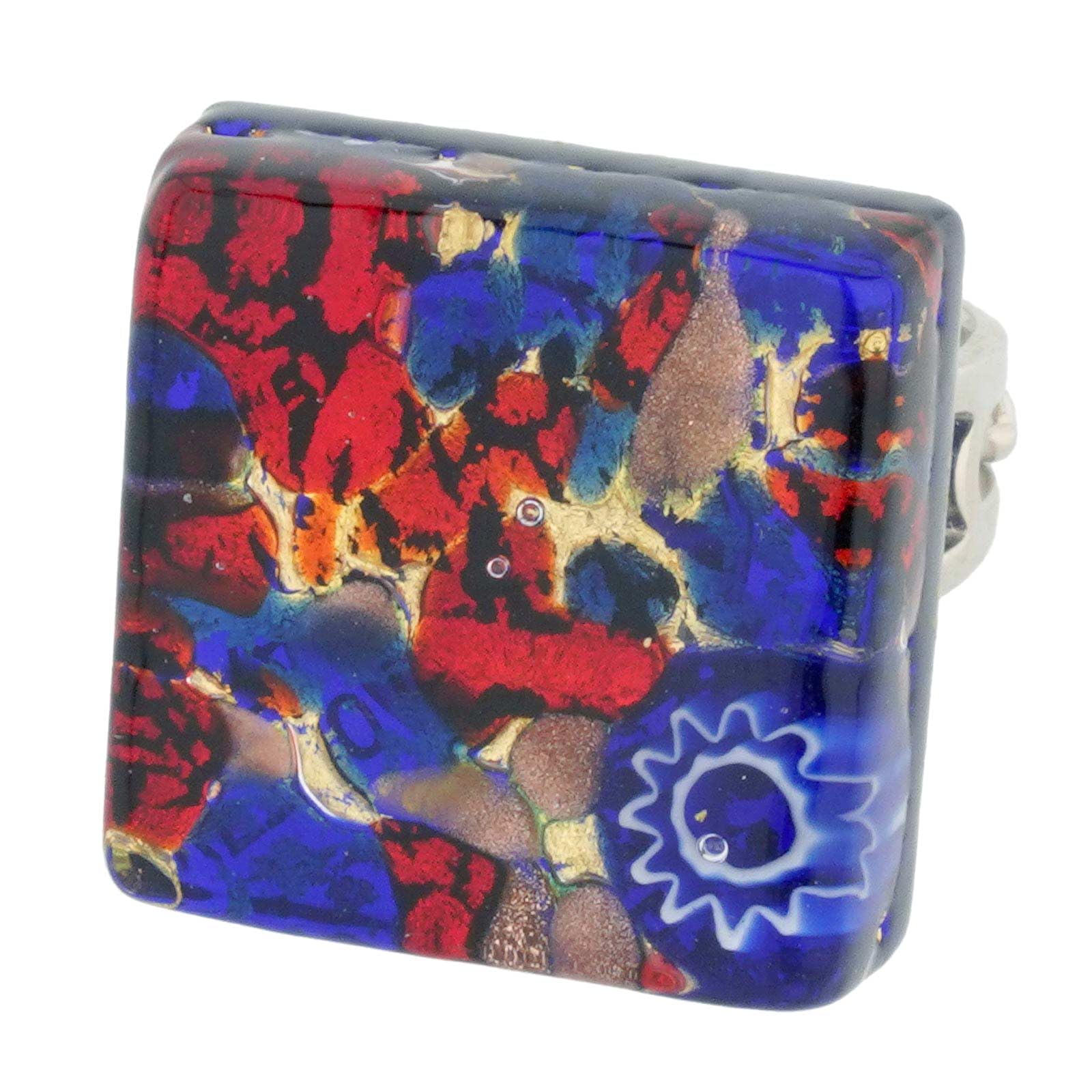 Glass Of Venice Murano Glass Venetian Reflections Square Adjustable Ring - Blue Red