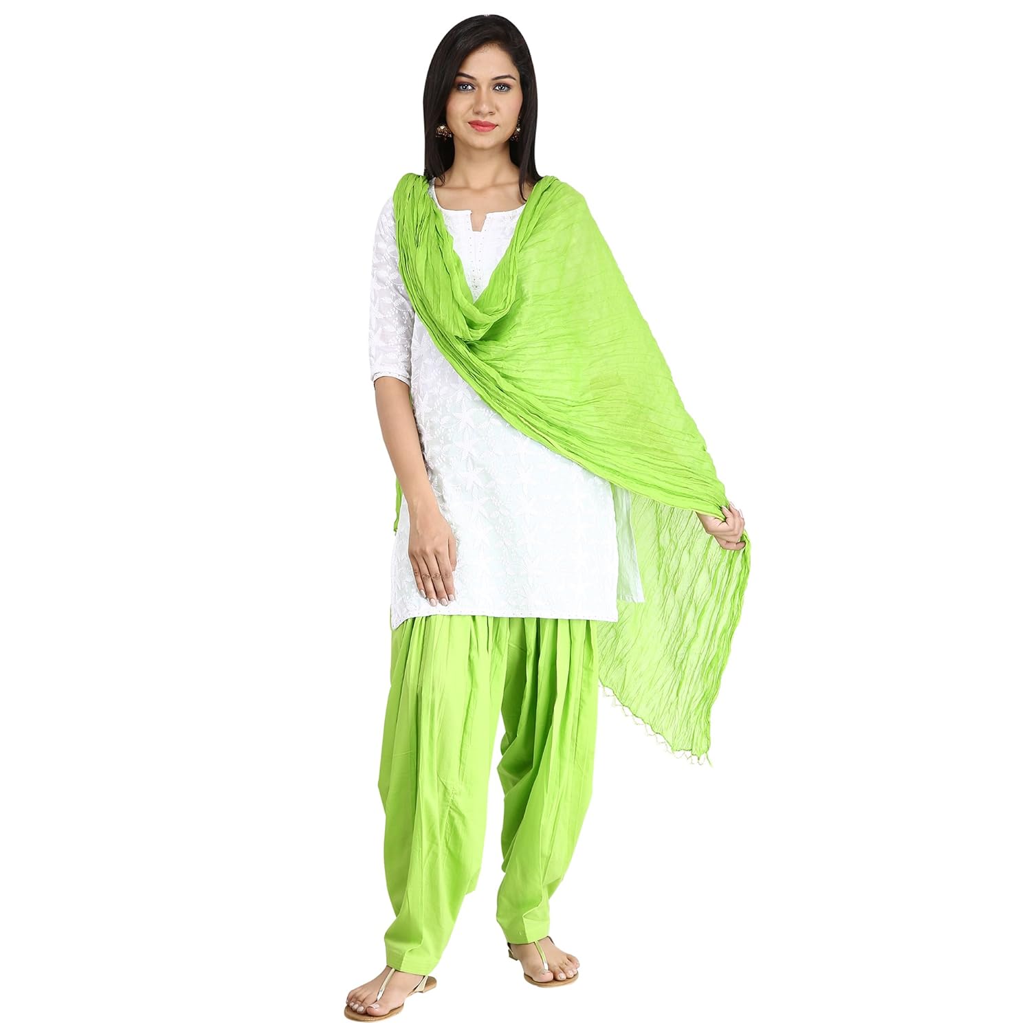 fun fabrics best quality pure cotton made plain green patiala dupatta set