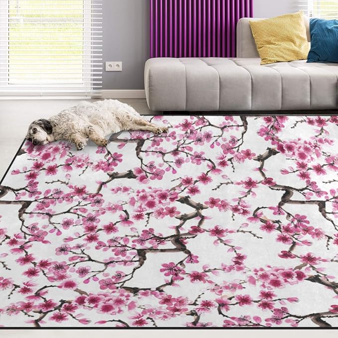 Naanle Watercolor Japanese Sakura Flowers Non Slip Area Rug