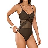 seamoly Ruching Front One Piece Wrap Adjustable Crisscross Back Clasp High Cut Cheeky Tummy Control Swimwear Coffee XS