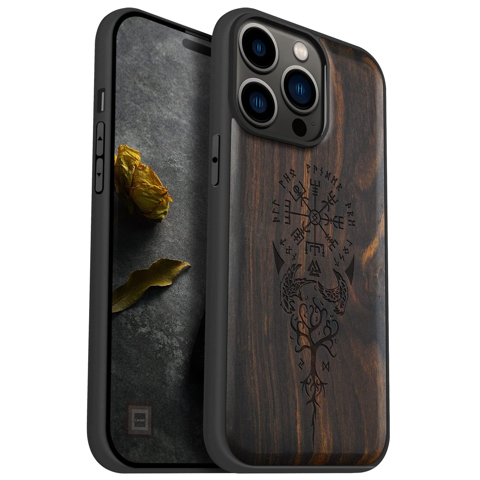 Photo 1 of Carveit Magnetic Wood Case for iPhone 14 Pro Max [Natural Wood & Black Soft TPU] Unique & Classy Wooden Shockproof Protective Cover Compatible with magsafe (Viking -Blackwood)