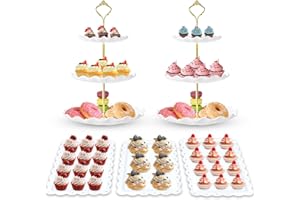 5Pcs Plastic Cupcake Stand, Dessert Table Display Set, with 2 White 3 Tierd Cupcake Cake Stands, 3 Pcs Food Serving Trays Per
