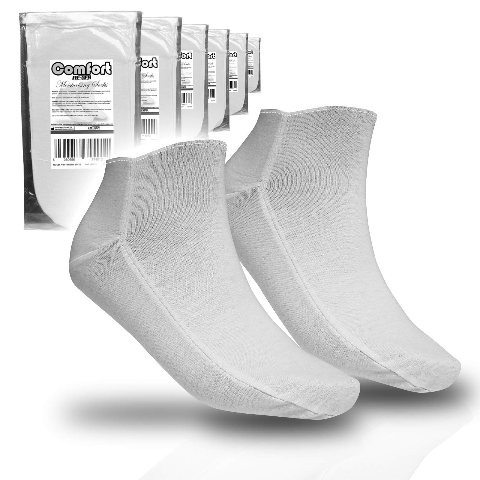 6 Pair - RE-GEN Comfort Fit Cotton Soft Cream Retainer Moisturising Overnight Socks - Ideal for Dry Cracked Hard Skin