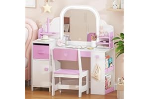 FROGPRIN Kids Vanity with Lights and Chair, Princess Makeup Vanity Desk with Mirror Bookshelf Storage Cabinet,3 in 1 Toddler Vanity Table,Children Makeup Dressing Table,Pretend Play Vanity Set for Little Girl