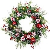 20in Christmas Door Wreath, Norfolk Pine Wreaths with Candy Cane Red and White Ball Pinecones Berries Reef for Front Door Wall Windows Xmas Ornament