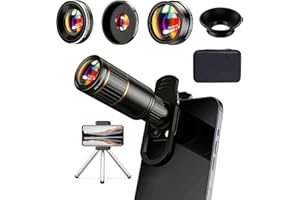 Updated COSULAN 4-in-1 Phone Camera Lens Kit, Come with 22X Telephoto Lens, 205° Fisheye Lens, 4K 0.67X Wide Angle Lens, 25X Macro Lens, Clip, and Phone Mini Tripod for iPhone and Android Phone Series