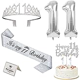 11th Birthday Decorations for Girls Silver with 11th Birthday Sash and Tiara, Cake Topper and Candles, Silver Number Balloons, Gifts for 11 Year Old Girls