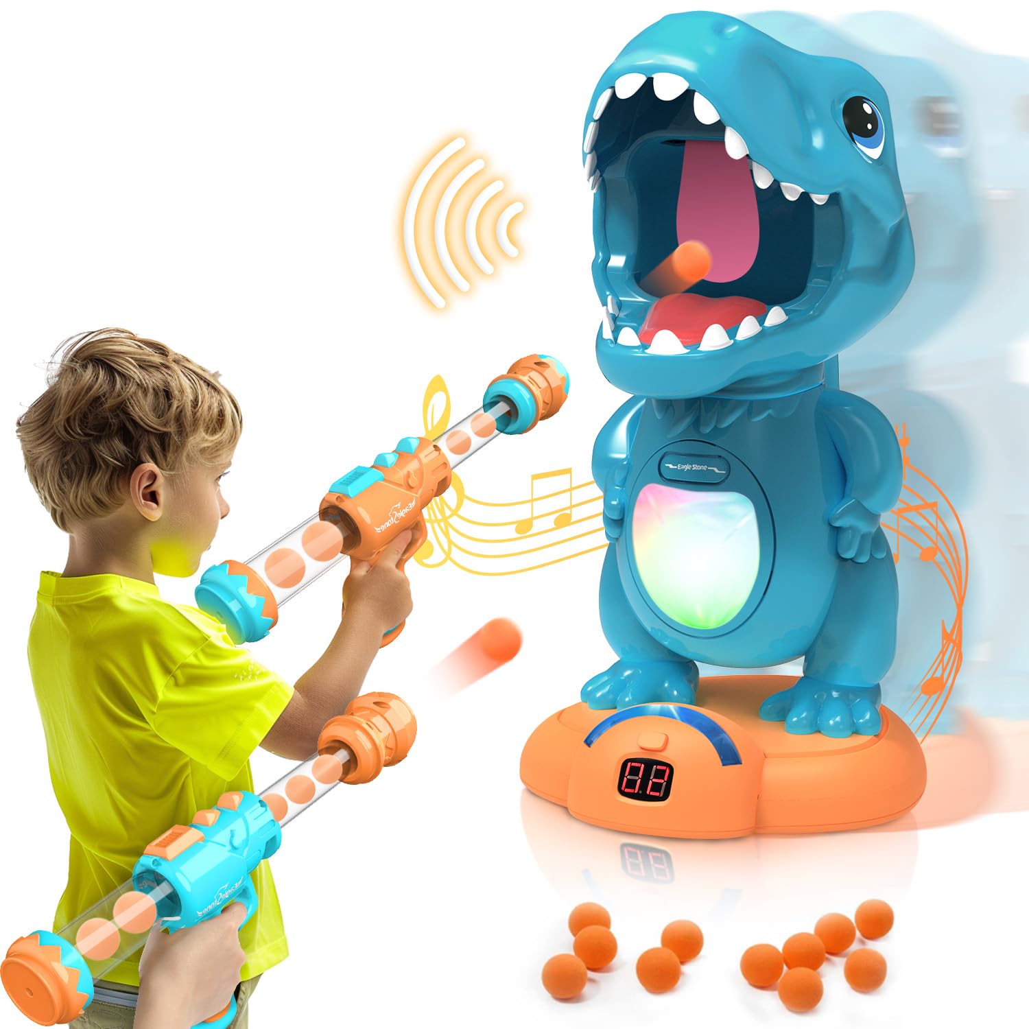 Photo 1 of EagleStone Movable Dinosaur Shooting Toys for Boys – Electronic Target Practice with 2 Air Pump Guns, LCD Score Tracker, Sound Effects & 48 Foam Balls, for Kids 5 6 7 8 9