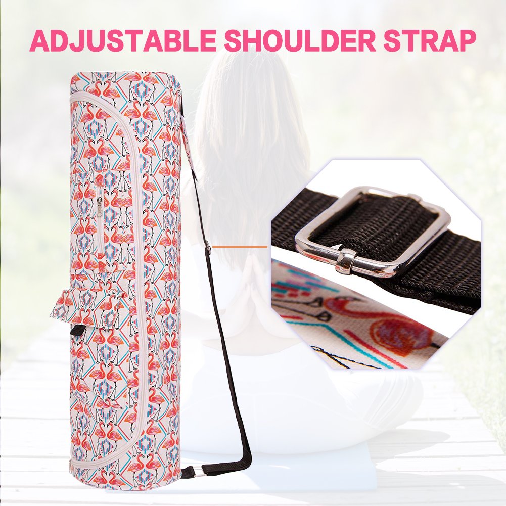 TUONROAD Yoga Sling Bag for Large Mat Hot Patterned Pink Flamingo Turquoise Stripe Geometry Cute Foldable Yoga Tote Bag Cotton Canvas Yoga Mat Sling with Easy Access Full Zipper and Pocket