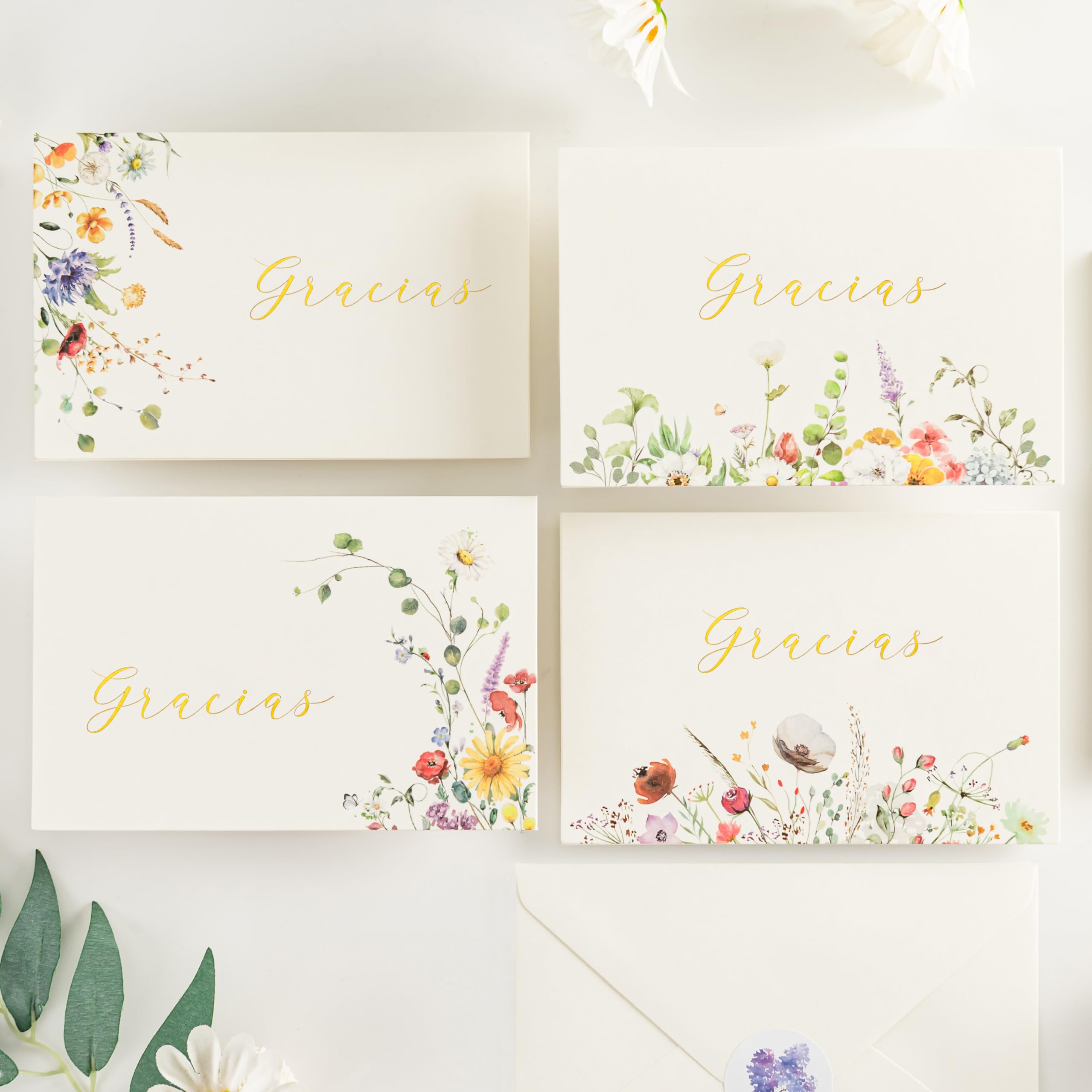 Photo 1 of Crisky Gracias Cards Spanish Thank You Cards 4 Assortment, Printable Watercolor WildFlowers (50 Cards with Envelopes for Birthday, Baby Shower, Bridal Shower, Wedding, All Occasion)