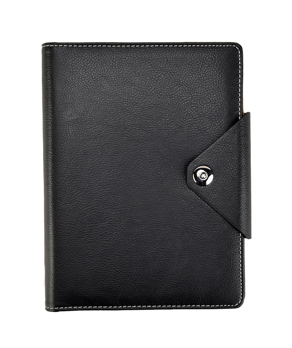 Arpan A5 Executive Personal Organiser Notebook, Ruled Pages, Padded PU Leather Cover, Stud Button Closure, Ring Binder with Card Pockets, Cream Paper (Black)